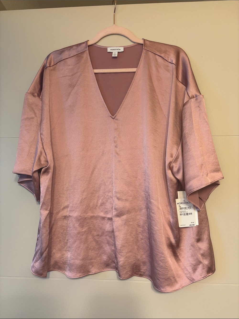 Nordstrom Satin V-Neck Short Sleeve Blouse - Zephyr Rose - NWT